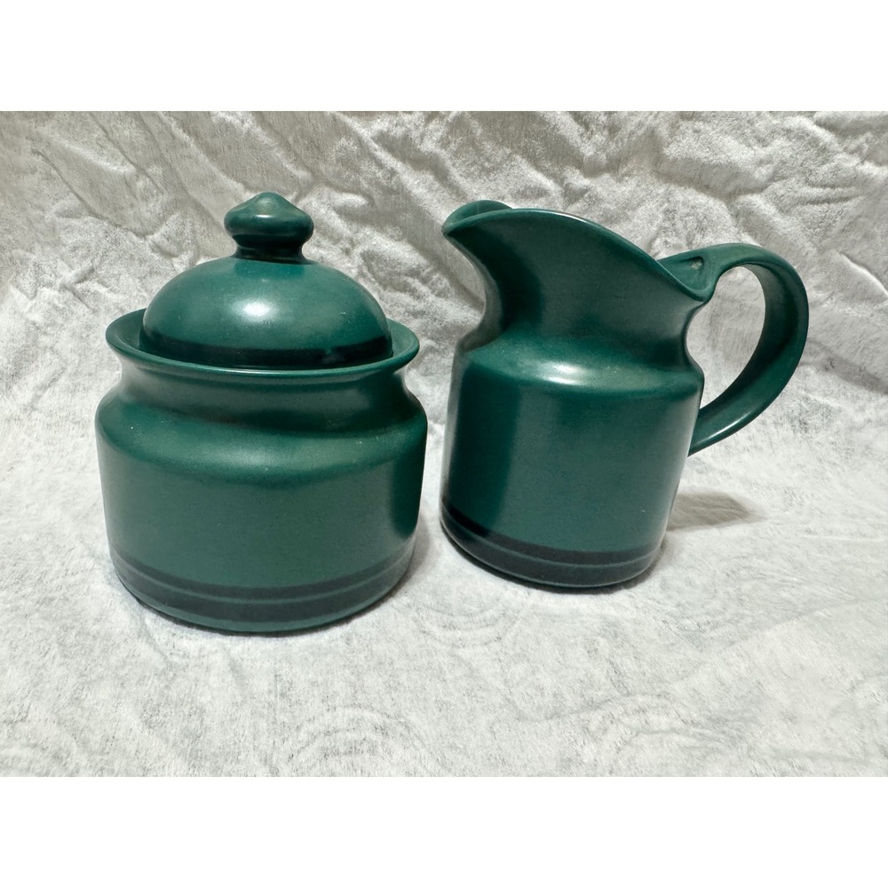 Pfaltzgraff Teal Green Stoneware Creamer and Lidded Sugar Bowl Set Vintage 024